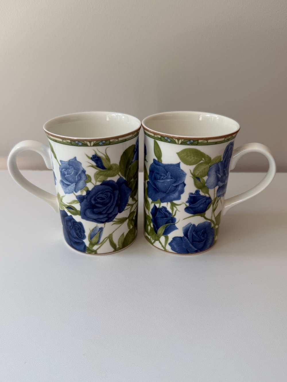 Royal Bones Blue Rose Porcelain Mugs - Pair